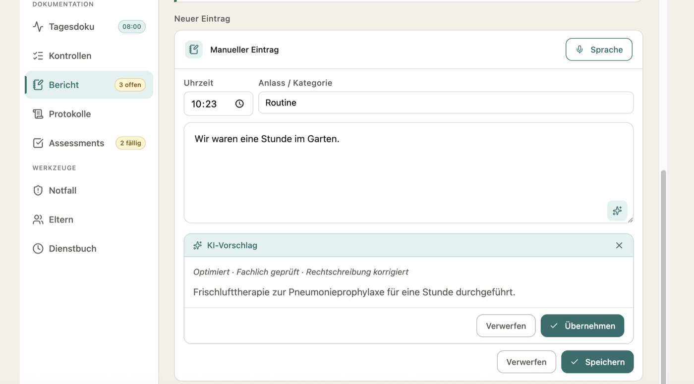 Pflegebericht mit KI-Vorschlag